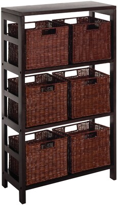 Winsome Leo Wood 7-Pc Storage Shelf With 6 Rattan Baskets, Espresso, 3/Pack (92610)