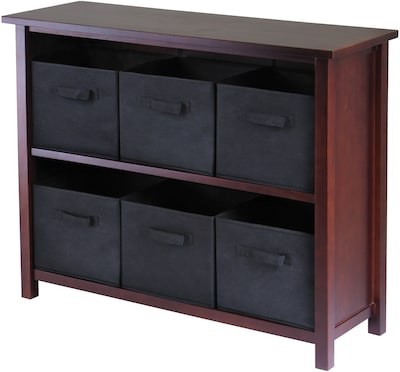 Winsome Verona Wood 2-Section W Storage Shelf With 6 Foldable Fabric Baskets, Walnut