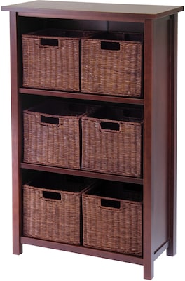 Winsome Milan Wood 7-Pc Cabinet/Shelf With 6 Small Rattan Baskets, Antique Walnut