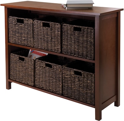 Winsome Granville Beech Wood 7-Pc 2-Section Storage Shelf With 6 Foldable Corn Husk Baskets, Walnut