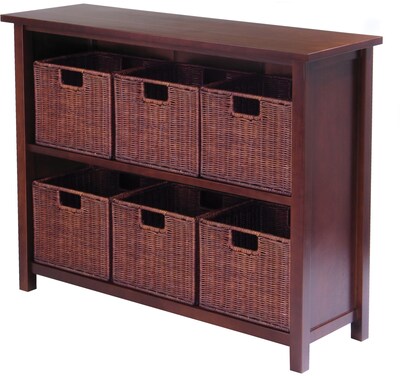 Winsome Milan Wood 7-Pc Storage Shelf With 6 Small Foldable Rattan Baskets, Antique Walnut, 3/Pack