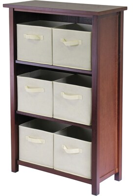 Winsome Verona Wood 3-Section M Storage Shelf With 6 Foldable Fabric Baskets, Walnut/Beige