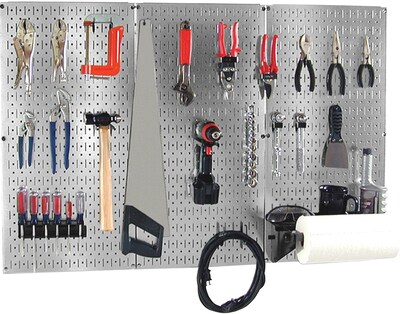 Wall Control 4 Metal Pegboard Basic Tool Organizer Kit, Galvanized Tool Board and Black Accessories