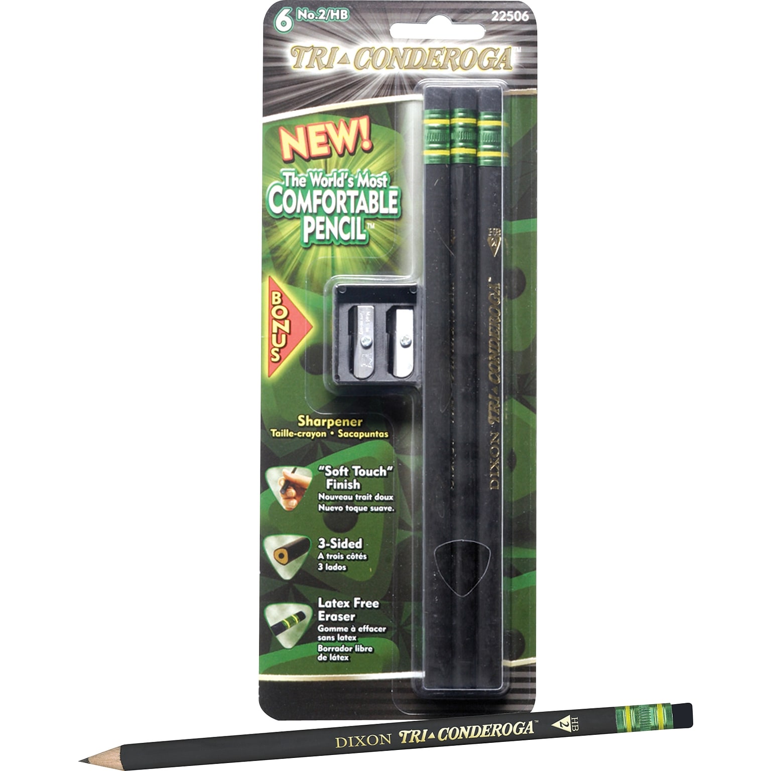 Dixon® Tri-Conderoga® Triangular Black Woodcase Pencils with Bonus Manual Pencils Sharpener, #2 Soft, 6/Pack