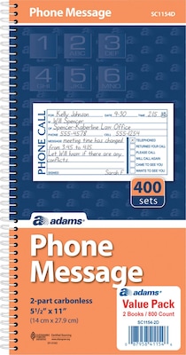 Adams Phone Message Books, 5.5" x 11", 400 Sets/Book, 2/Pack (SC1154-2D)