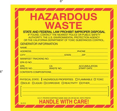 Tape Logic Hazardous Waste - California Shipping Label, 6 x 6, 500/Roll