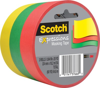 Scotch Expressions Light Masking Tape, 0.94 x 20 yds., Yellow/Green/Red, 3/Pack (3437-3PRM)