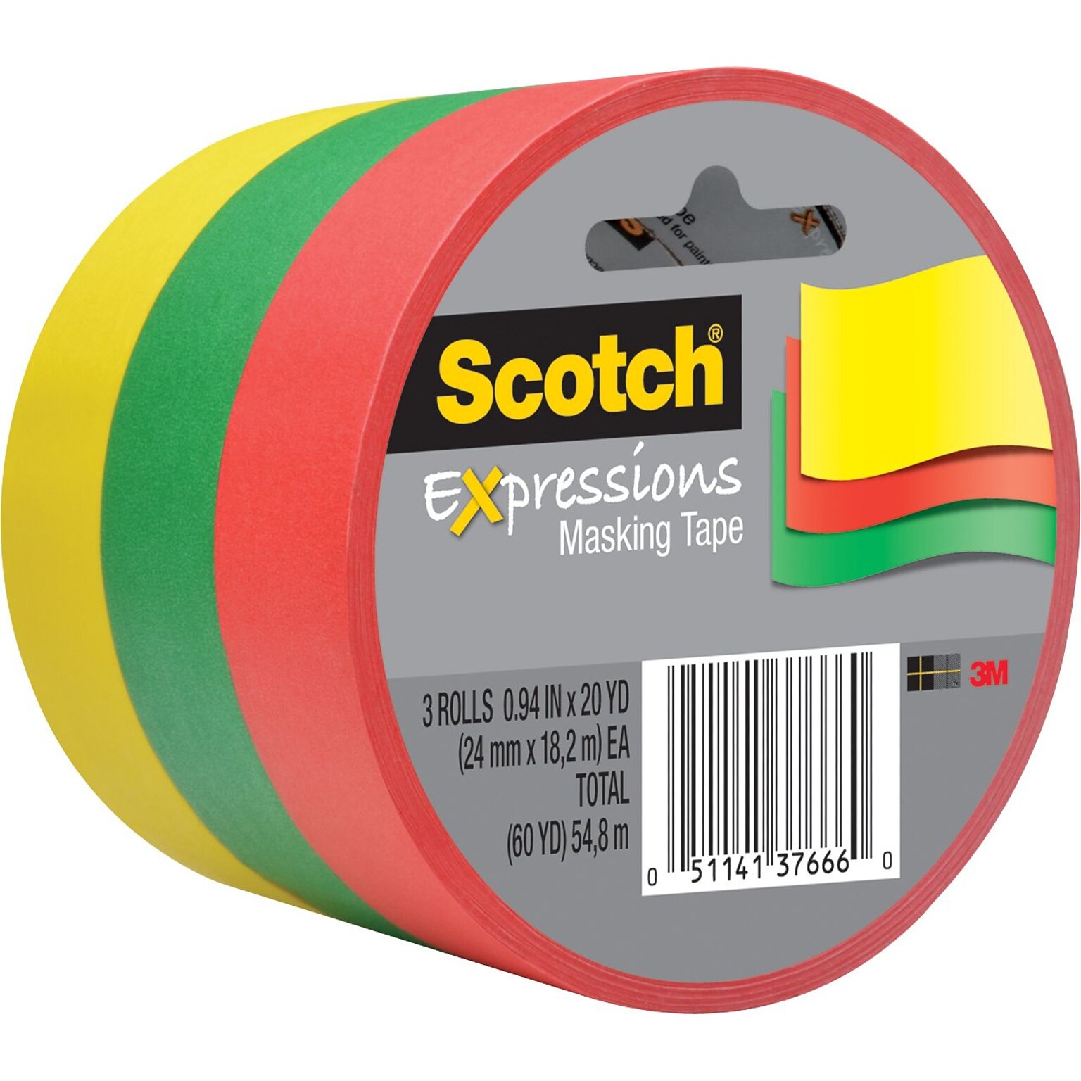 Scotch Expressions Light Masking Tape, 0.94 x 20 yds., Yellow/Green/Red, 3/Pack (3437-3PRM)
