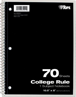 TOPS 1-Subject Notebook, 8" x 10.5", College Ruled, 70 Sheets, Assorted Colors (TOP 65021)