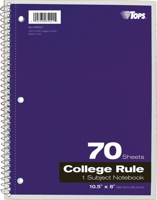 TOPS 1-Subject Notebook, 8" x 10.5", College Ruled, 70 Sheets, Assorted Colors (TOP 65021)