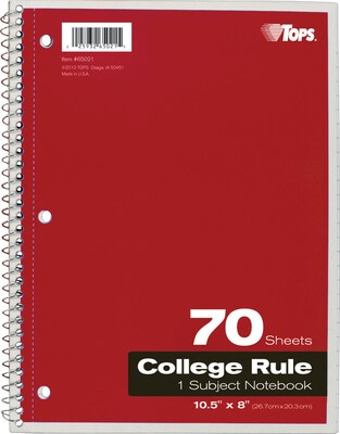 TOPS 1-Subject Notebook, 8" x 10.5", College Ruled, 70 Sheets, Assorted Colors (TOP 65021)