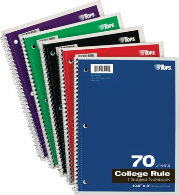 TOPS 1-Subject Notebook, 8 x 10.5, College Ruled, 70 Sheets, Assorted Colors (TOP 65021)