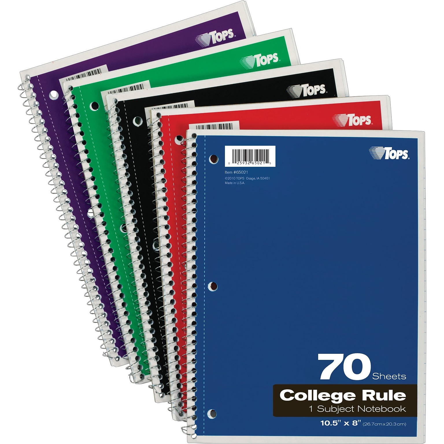 TOPS 1-Subject Notebook, 8 x 10.5, College Ruled, 70 Sheets, Assorted Colors (TOP 65021)