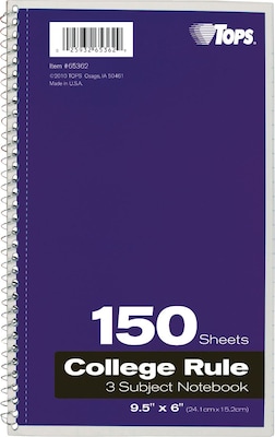 Oxford 3-Subject Notebook, 6" x 9 1/2", College Ruled, 150 Sheets, Assorted Colors (65362)