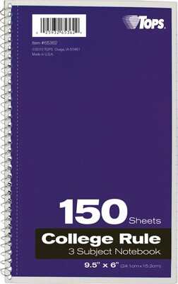 Oxford 3-Subject Notebook, 6 x 9 1/2, College Ruled, 150 Sheets, Assorted Colors (65362)