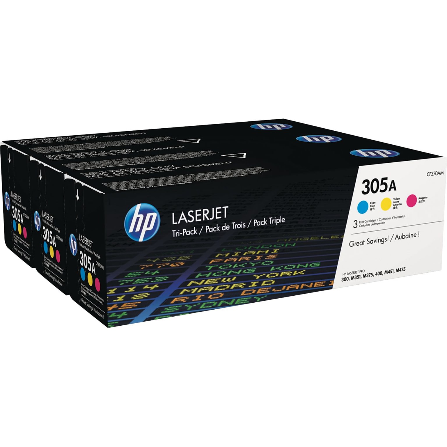 HP 305A Cyan/Magenta/Yellow Standard Yield Toner Cartridge, 3/Pack (CF370AM)