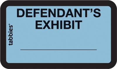 Tabbies Pre-Printed Labels - Defendant's Exhibit, Self-Adhesive, 1x1-5/8", Blue, 252 Labels/Pack (58093)