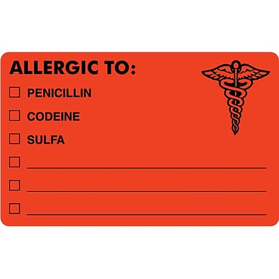 Tabbies® Medical Labels ALLERGIC TO:, 2 1/2 x 4, Fluorescent Red, 100/Roll
