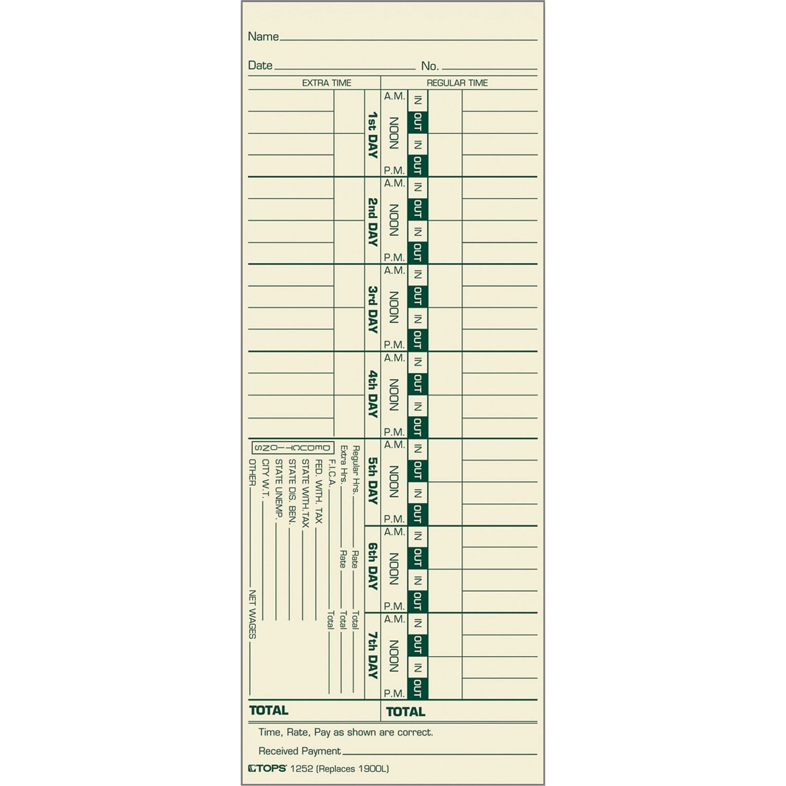 TOPS Weekly Time Cards - Named Days, 9 x 3 1/2, 500/Bx (TOP1252)