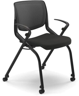 HON Motivate ilira Stretch/Fabric Nesting Stacking Chair, Fixed Arms, Onyx Shell, Black