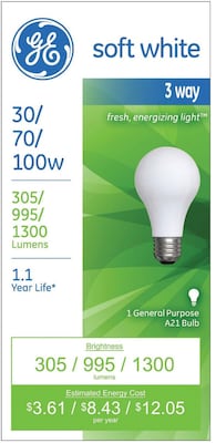 GE 30/70/100-Watts 3-Way Incandescent Household Bulb, Soft White (97493)