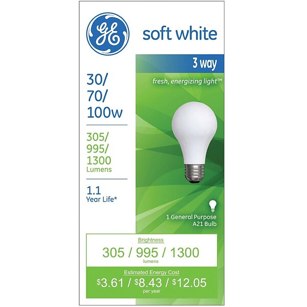 GE 3-Way Light Bulb, 30/70/100 watt, Incandescent, Soft white, 1/Pk