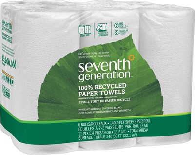 Seventh Generation 100% Recycled Paper Towel Roll With Right Size Sheets, 2-Ply, White, 6 Rolls/Case
