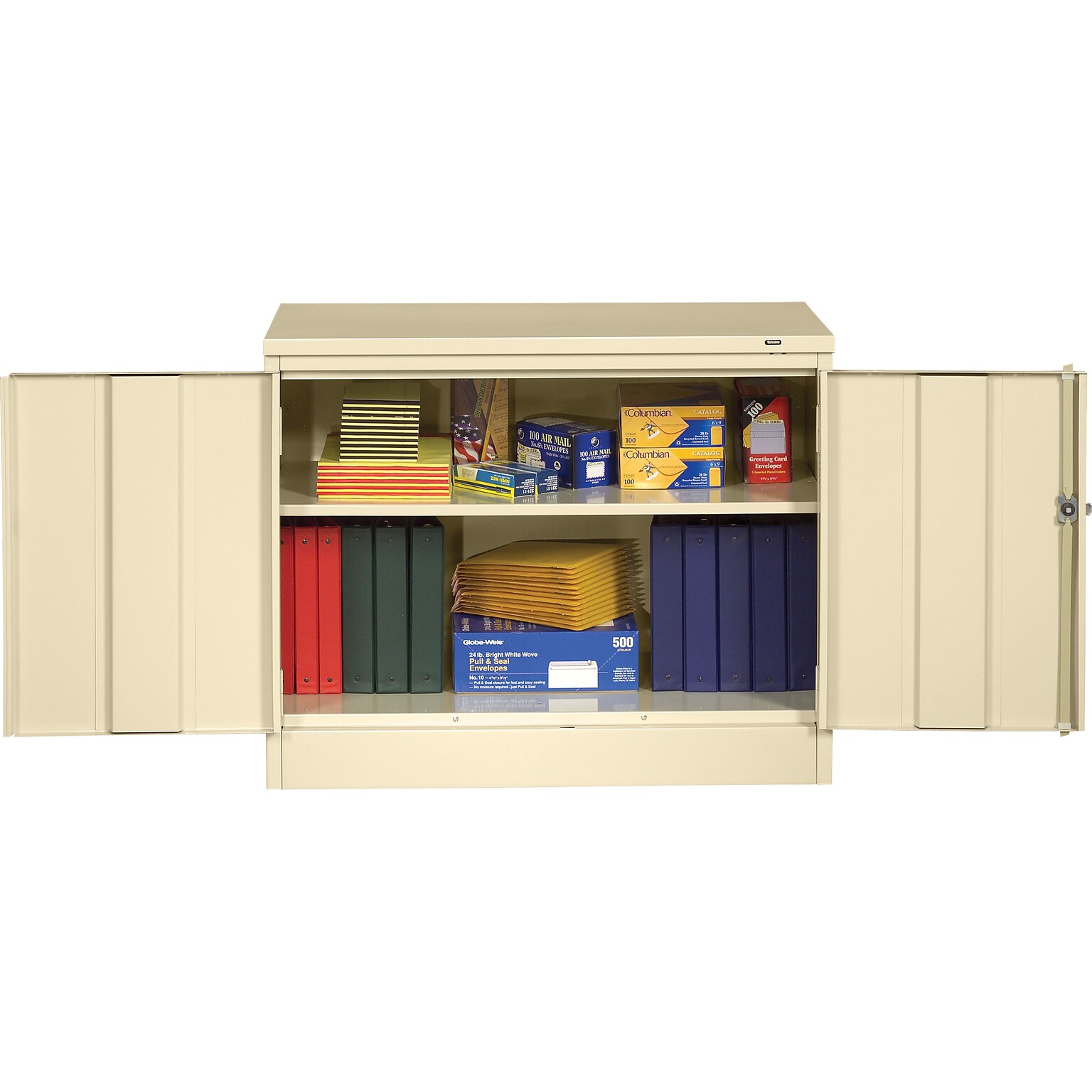Tennsco Standard Desk-Height Storage Cabinet with Double Hinge Doors, 2-Shelf, Putty, 30H x 36W x 18D