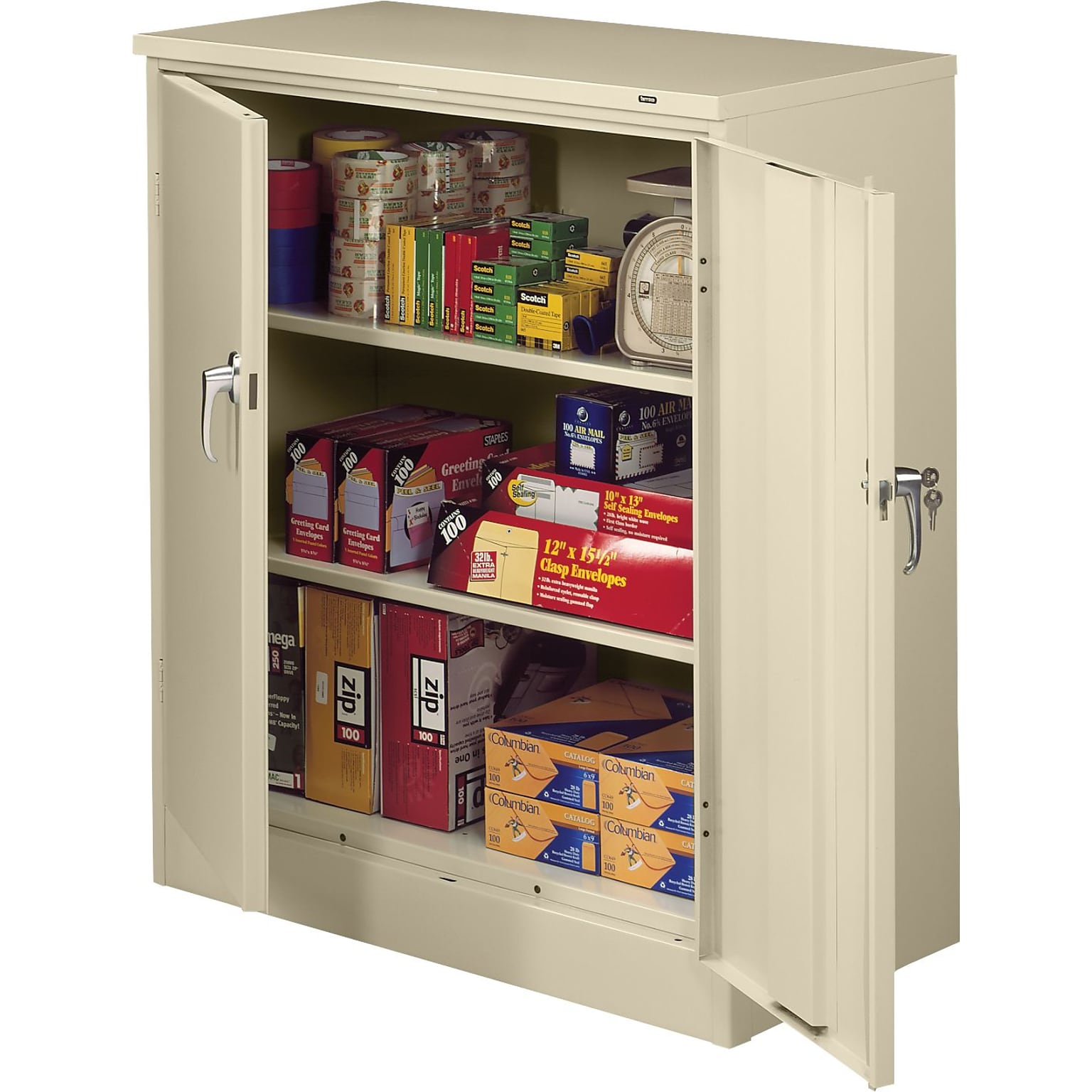 Tennsco Deluxe Counter-Height Storage Cabinet with Double Hinge Doors, 3-Shelf, Putty, 42H x 36W x 18D