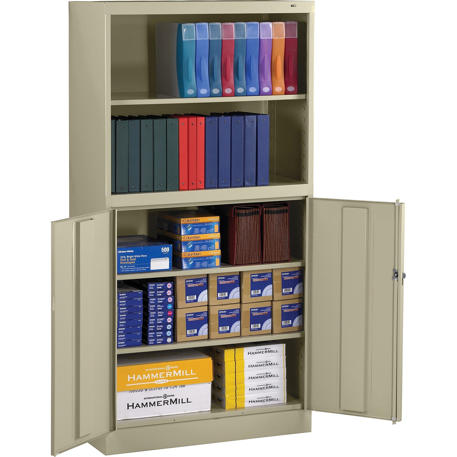 Tennsco Combination Bookcase and Cabinet, Putty, 6-Shelf, 1 Closet, 72H