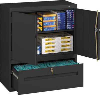 Tennsco Storage Cabinets with Lateral Drawer, 2-Shelf, 1-Drawer, Black, 42H x 36W x 18D