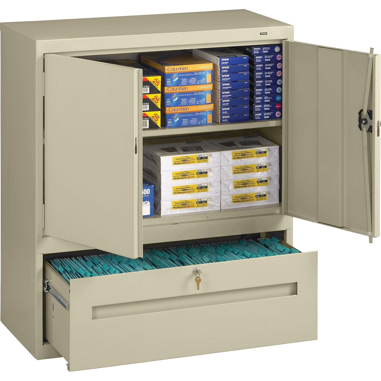 Tennsco Storage Cabinet with Lateral Drawer, 2-Shelf, 1-Drawer, Putty, 42H x 36W x 18D