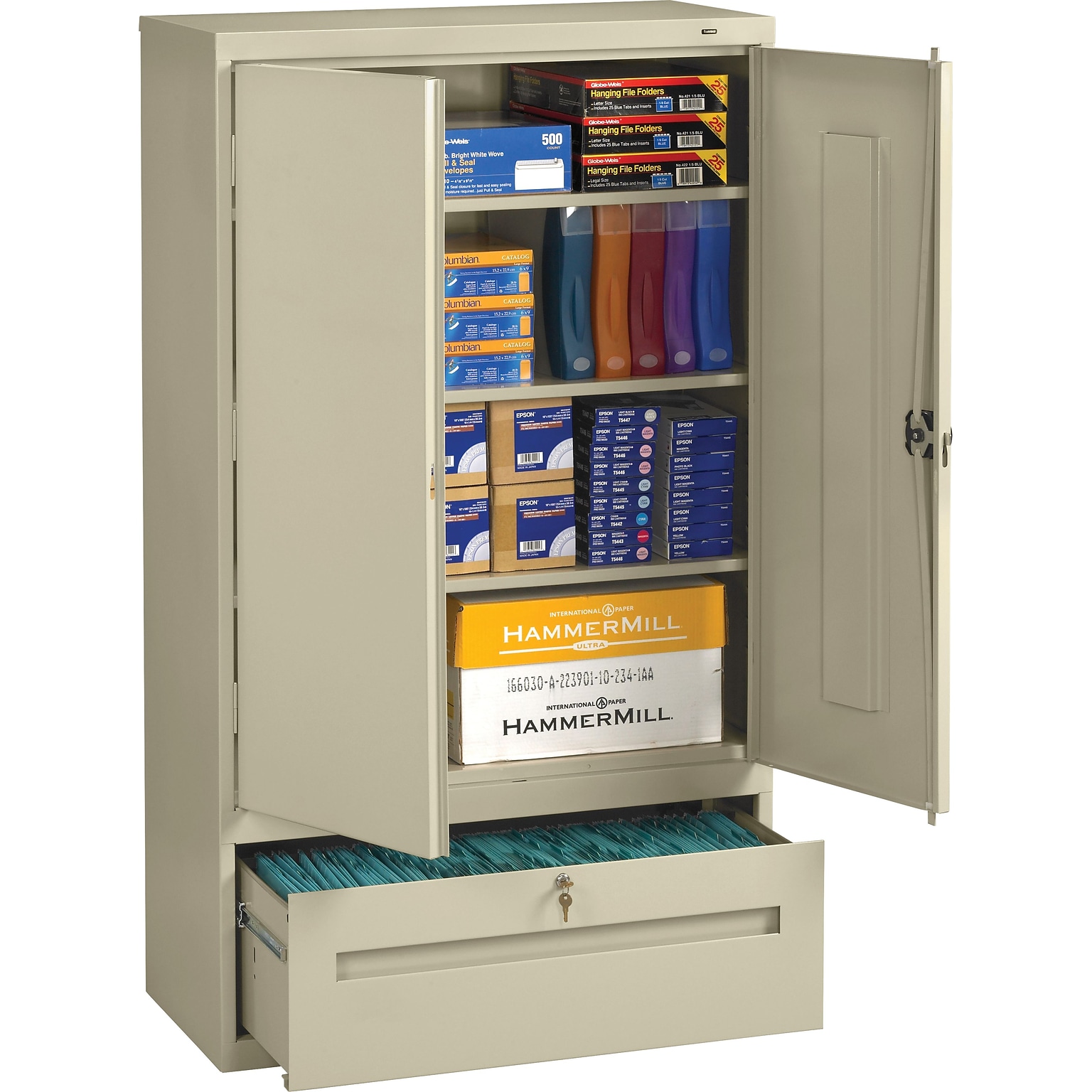 Tennsco Storage Cabinet with Lateral Drawer, 4-Shelf, 1-Drawer, Putty, 66H x 36W x 18D
