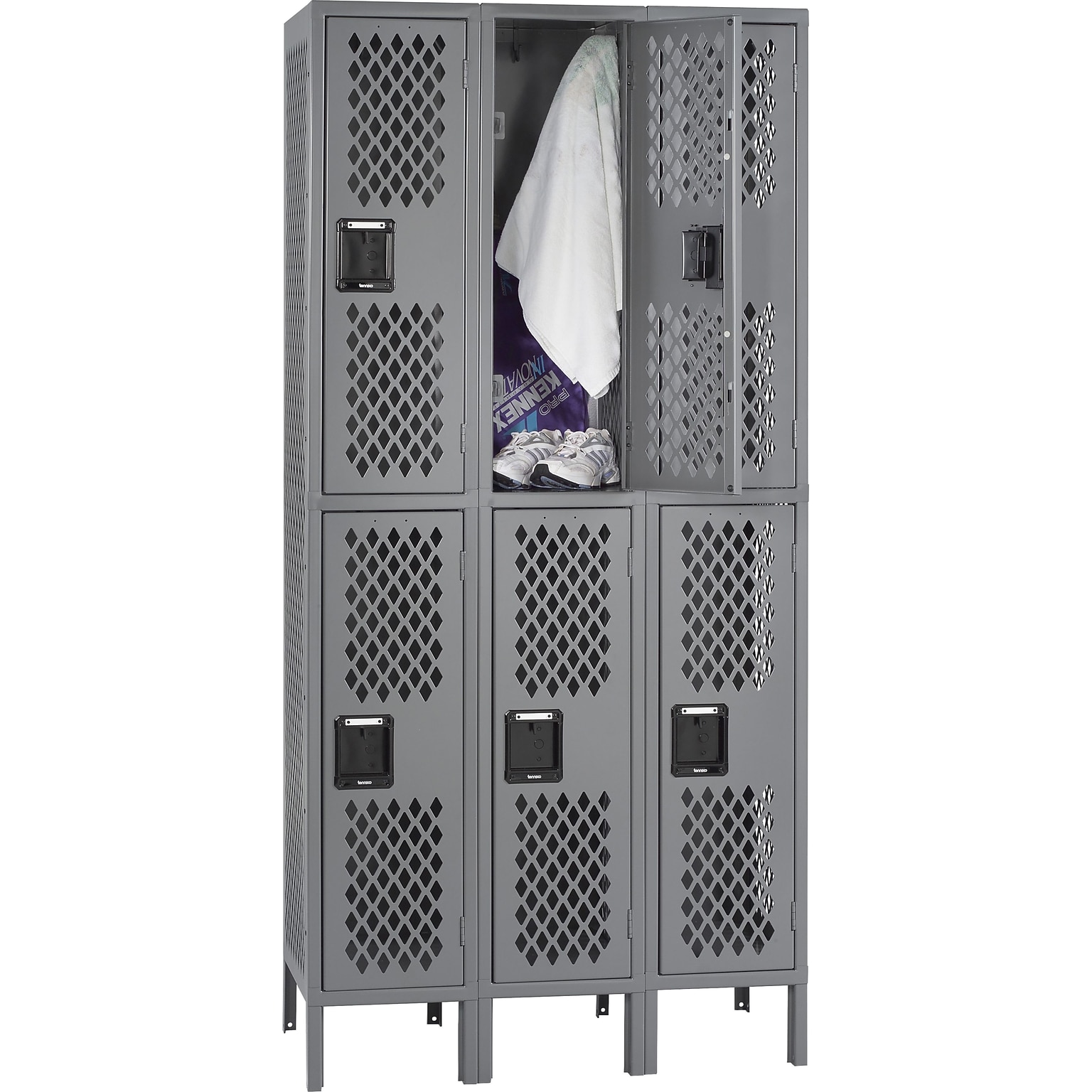 Tennsco Ventilated Double Tier Box Locker with Legs, 3 Unit, 6 Lockers, Medium Grey, 78H x 36W x 18D (TNNVDL1218363MG)