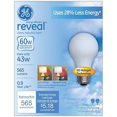 43 Watt GE reveal® Halogen A19 Light Bulb, Soft White, 2/Pack