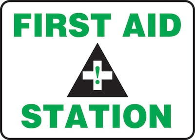 Accuform Signs® 7 x 10 Aluminum Safety Sign FIRST AID STATION, Green/Black On White