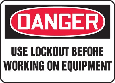 Accuform 10 x 14 Aluminum Safety Sign DANGER USE LOCKOUT BEFORE.., Red/Black On White (MLKT016VA)