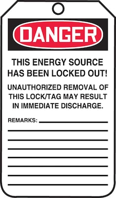 Accuform 5 3/4" x 3 1/4" PF-Cardstock Lockout Tag "DANGER..LOCKED OUT", Red/Black On White, 25/Pack (MLT405CTP)