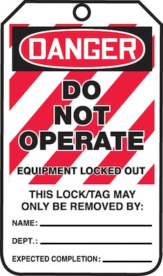 Accuform 5 3/4 x 3 1/4 PF-Cardstock Lockout Tag DANGER..LOCKED OUT, Red/Black On White, 25/Pack