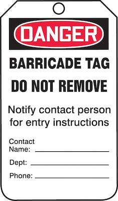 Accuform 5 3/4" x 3 1/4" PF-Cardstock Barricade Tag "DANGER BARRICADE..", Red/Black On White, 25/Pack (TAB104CTP)