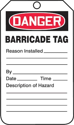 Accuform 5 3/4 x 3 1/4 PF-Cardstock Barricade Tag DANGER BARRICADE.., Red/Black On White, 25/Pac