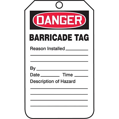 Accuform Signs® 5 3/4 x 3 1/4 PF-Cardstock Barricade Tag DANGER BARRICADE.., Red/Black On White