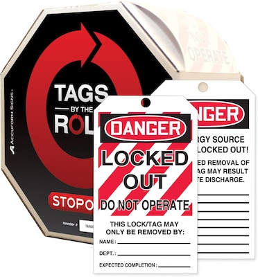 Accuform Tags By-The-Roll 6 1/4 x 3 Lockout Tag DANGER..OP, Black/Red On White, 100/Roll (TAR416)