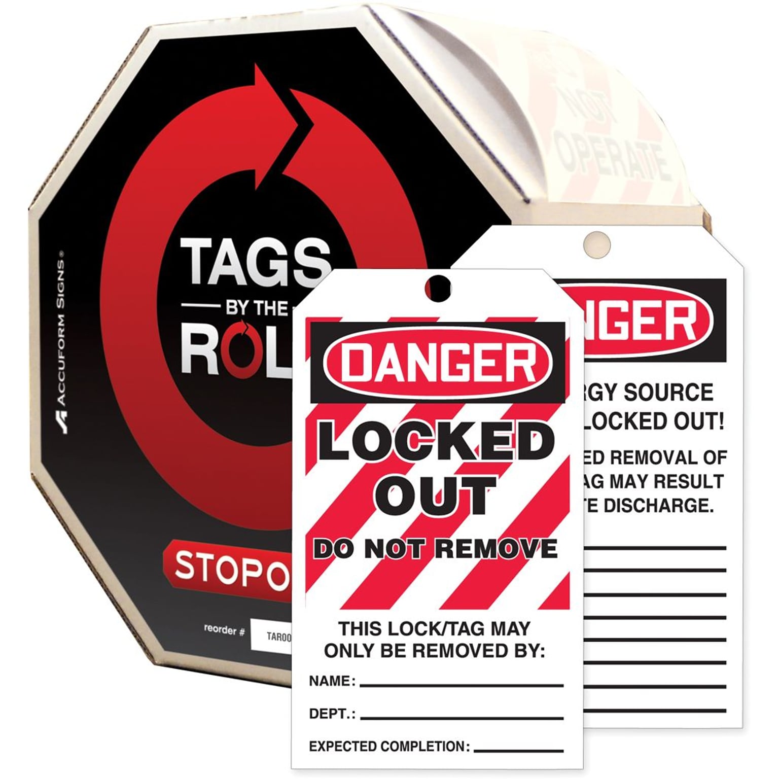 Accuform Tags By-The-Roll 6 1/4 x 3 Lockout Tag DANGER..RE, Black/Red On White, 100/Roll (TAR418)