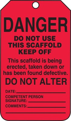 Accuform 5 3/4 x 3 1/4 RP-Plastic Scaffold Status Tag DANGER DO NOT USE.., Black On Red, 25/Pack (TSS101PTP)