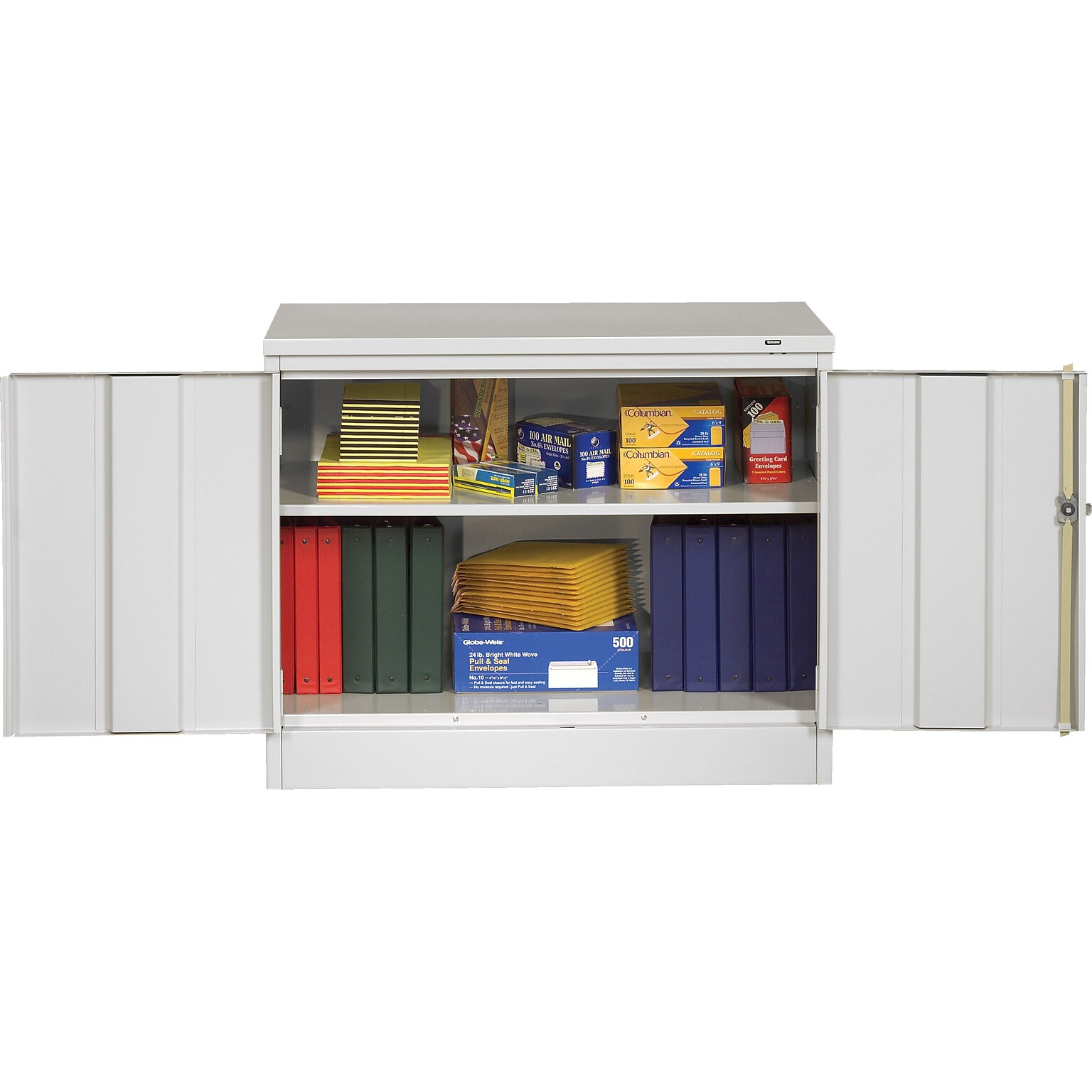 Tennsco Standard Desk-Height Storage Cabinet with Double Hinge Doors, 2-Shelf, Light Grey, 30H x 36W x 18D
