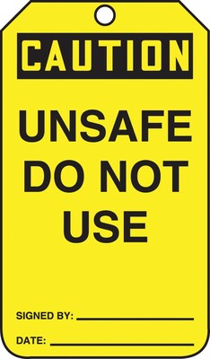 Accuform Signs® 5 3/4 x 3 1/4 RP-Plastic Safety Tags CAUTION UNSAFE.., Black On Yellow
