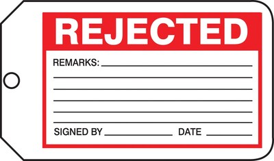 Accuform Signs 5 3/4 x 3 1/4 PF-Cardstock Production Tags REJECTED, Red/Black On White