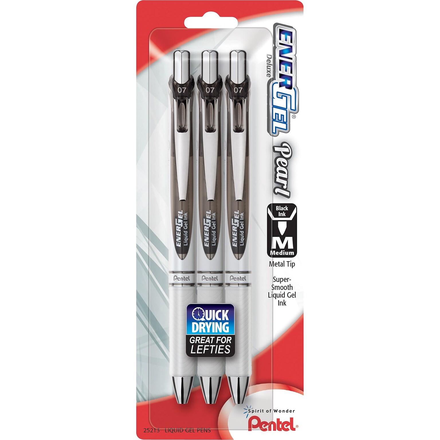 Pentel EnerGel Pearl Retractable Gel-Ink Pens, Medium Point, Black Accent Barrel, Black, 3/Pack