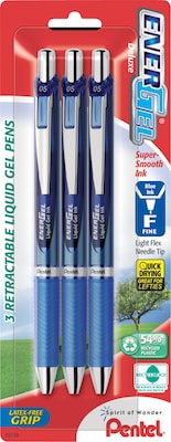 Pentel EnerGel RTX Retractable Gel Pens, Needle Tip Fine Point, Blue Ink, 3/Pack (BLN75BP3C)